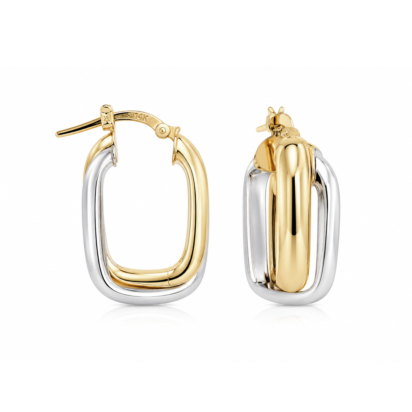 A pair of two-tone hoop earrings in polished yellow gold and silver-tone metal, shown from the front and side on a clean white background.