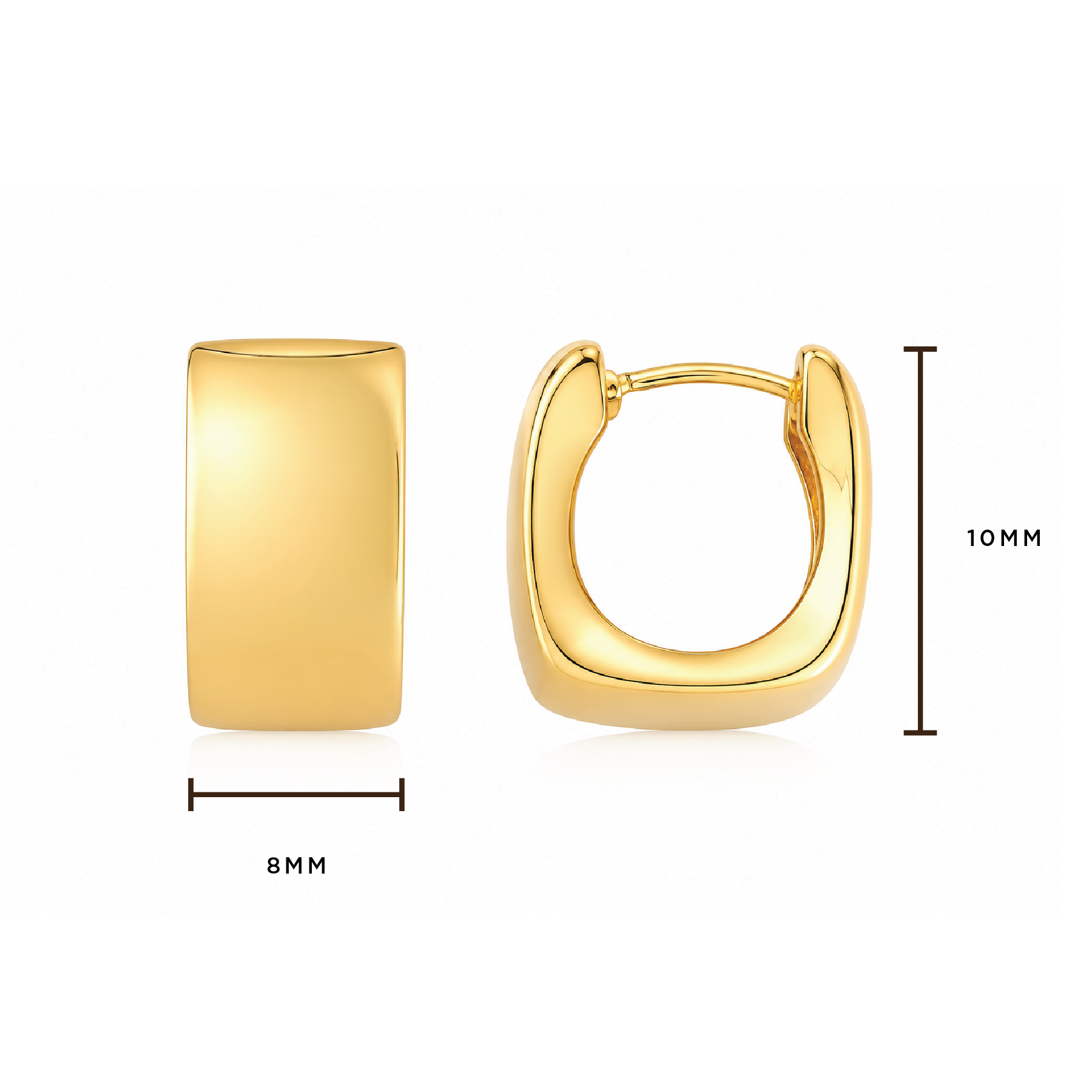 Gold huggie hoop earring shown from two angles with dimension markings: one view shows 8mm width and the other shows 10mm height, on a white background.
