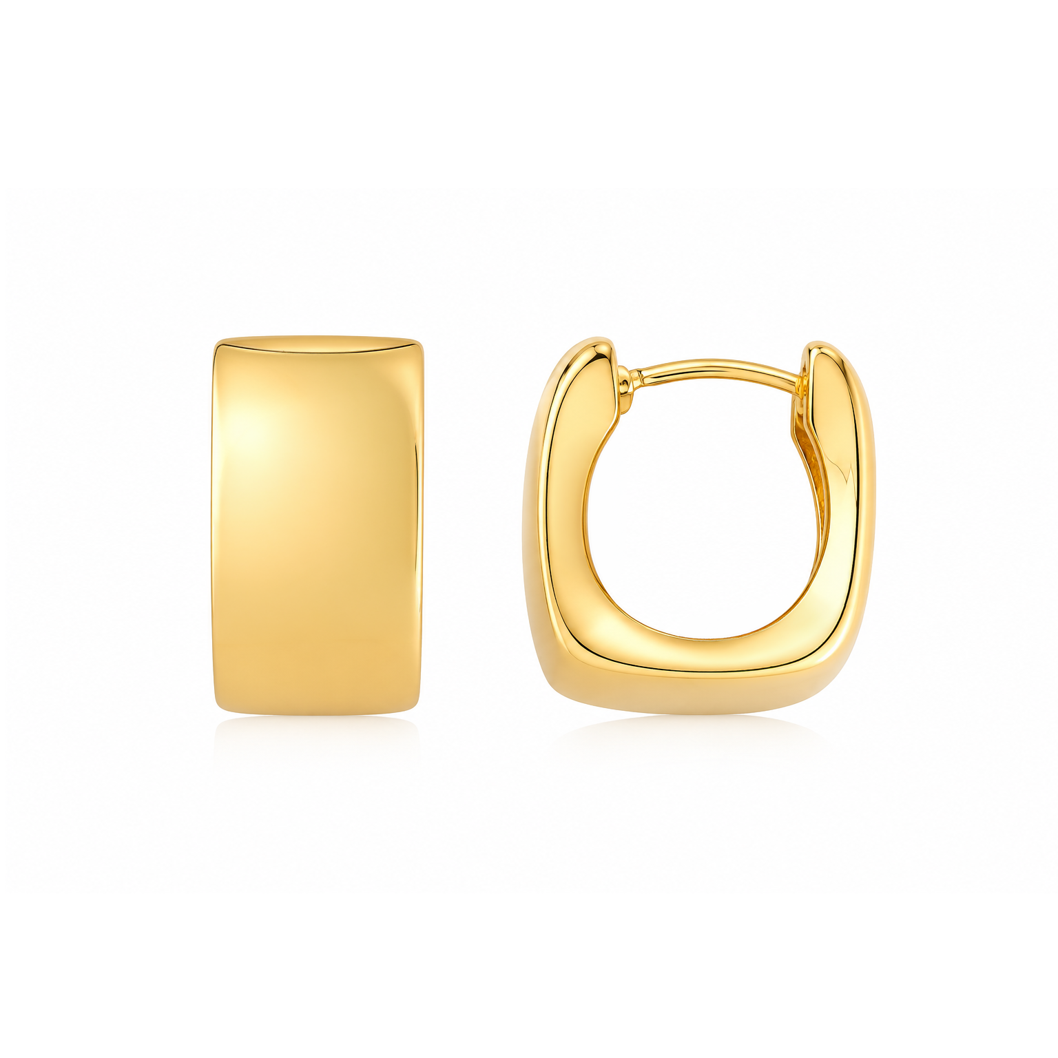 A pair of polished yellow gold huggie hoop earrings, one shown from a flat front view and the other from a side profile view, on a clean white background.