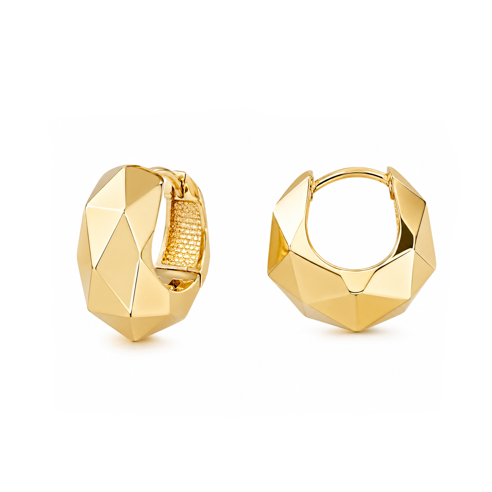 A pair of gold geometric hoop earrings with a faceted, multi-faceted design, shown from two angles on a plain white background.