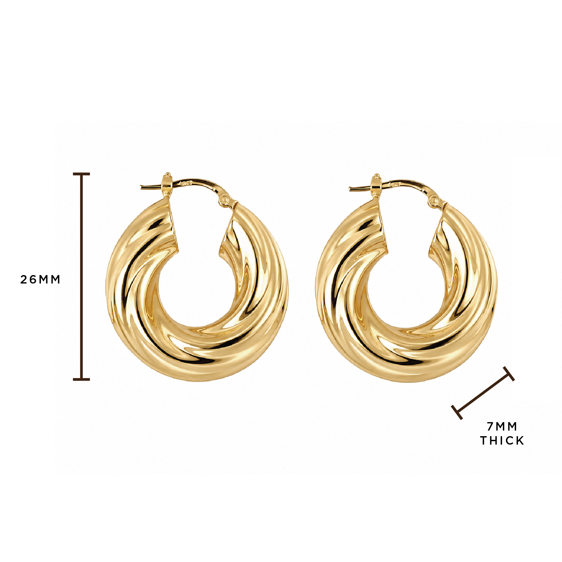 A pair of gold-toned twisted hoop earrings shown on a white background with measurement annotations indicating 26mm height and 7mm thickness.