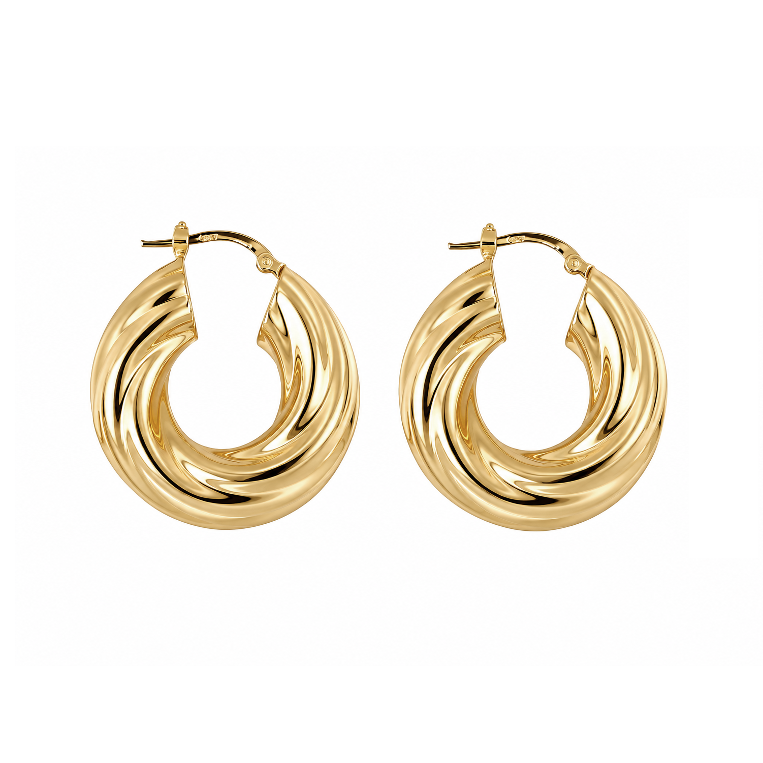 A pair of gold-toned hoop earrings with a twisted, layered spiral design, shown on a plain white background.