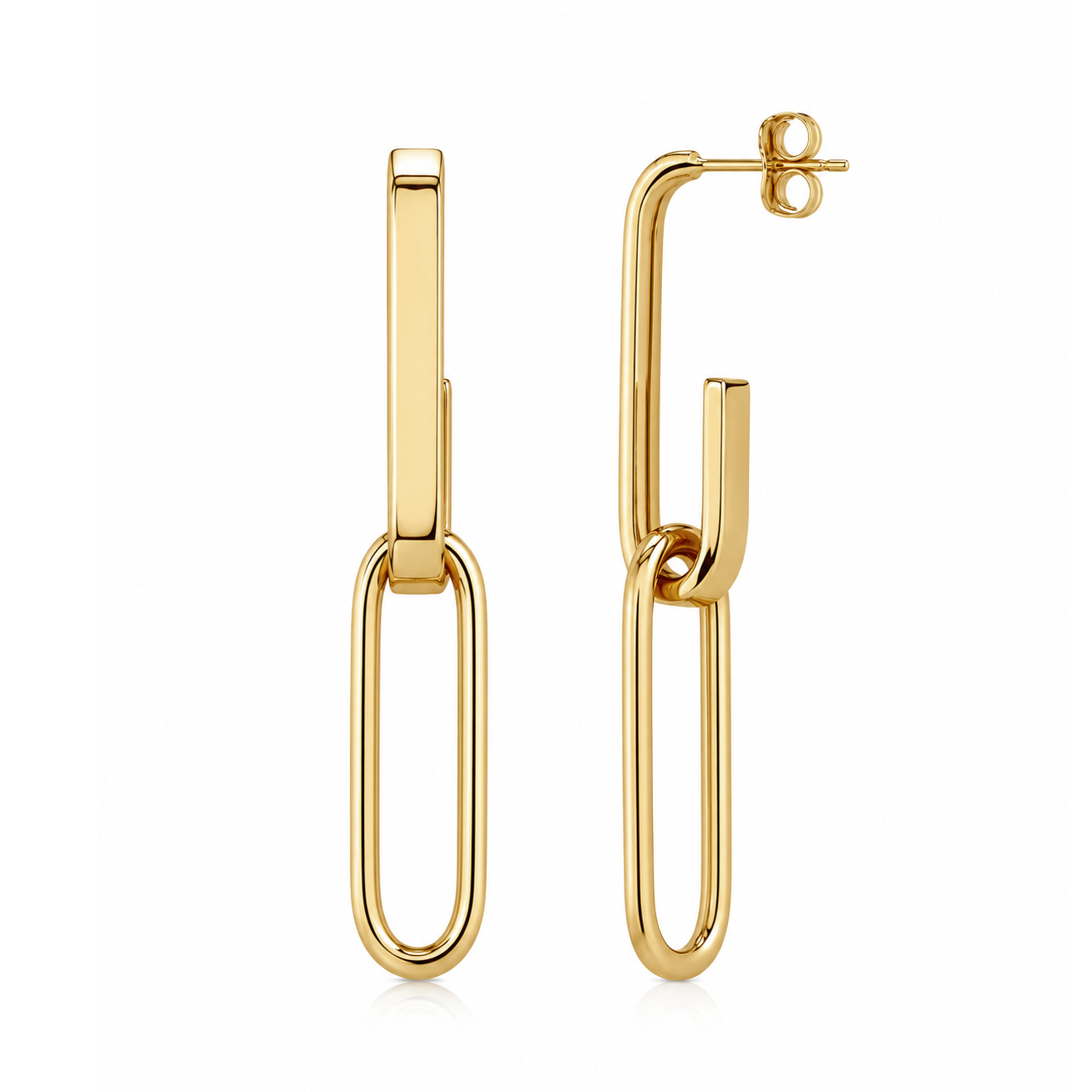 A pair of gold-toned drop earrings with a minimalist rectangular bar connected to a larger open oval link, shown on a clean white background.