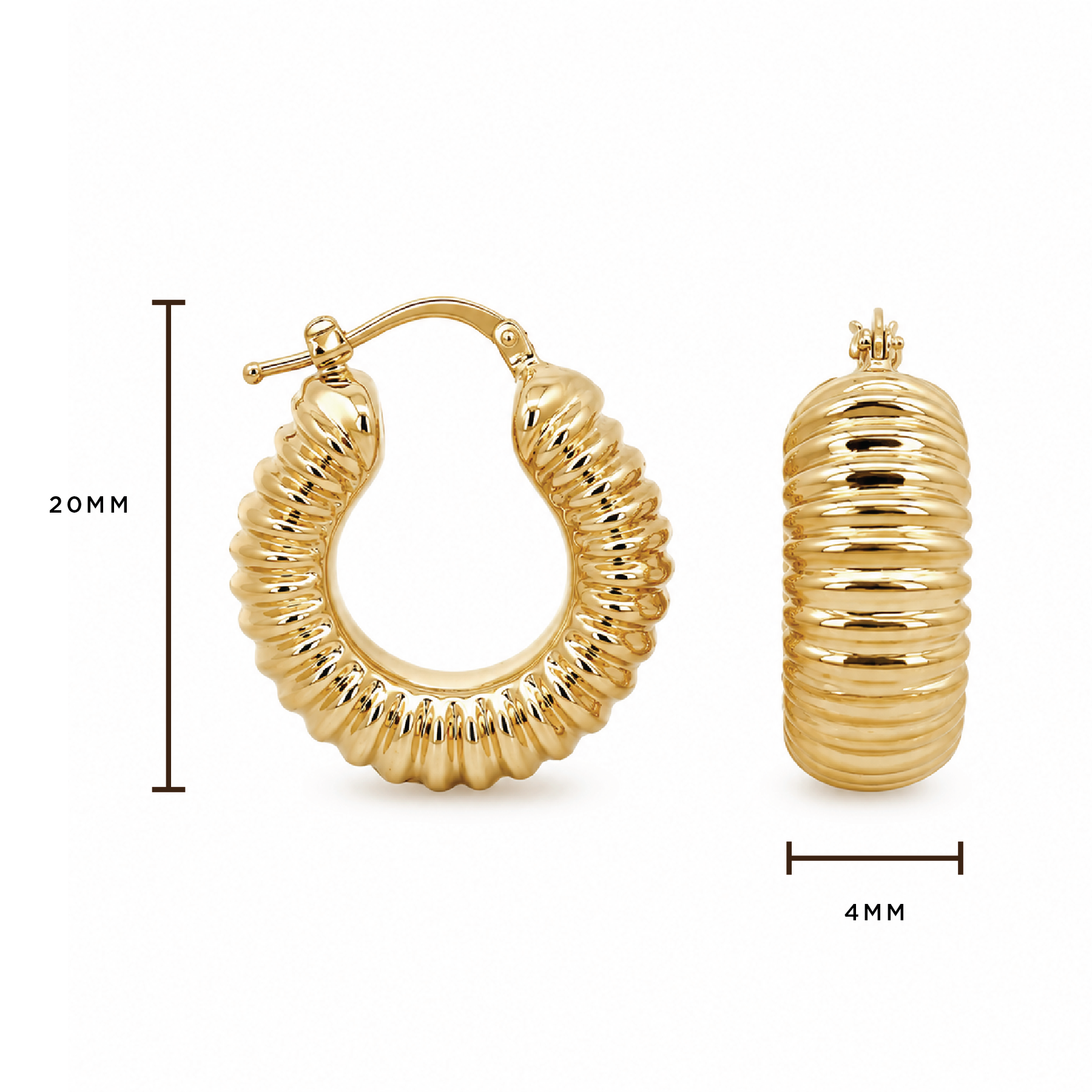 Gold hoop earrings with a ribbed, textured finish, shown on a white background with dimension markings indicating a height of 20mm and a width of 4mm.