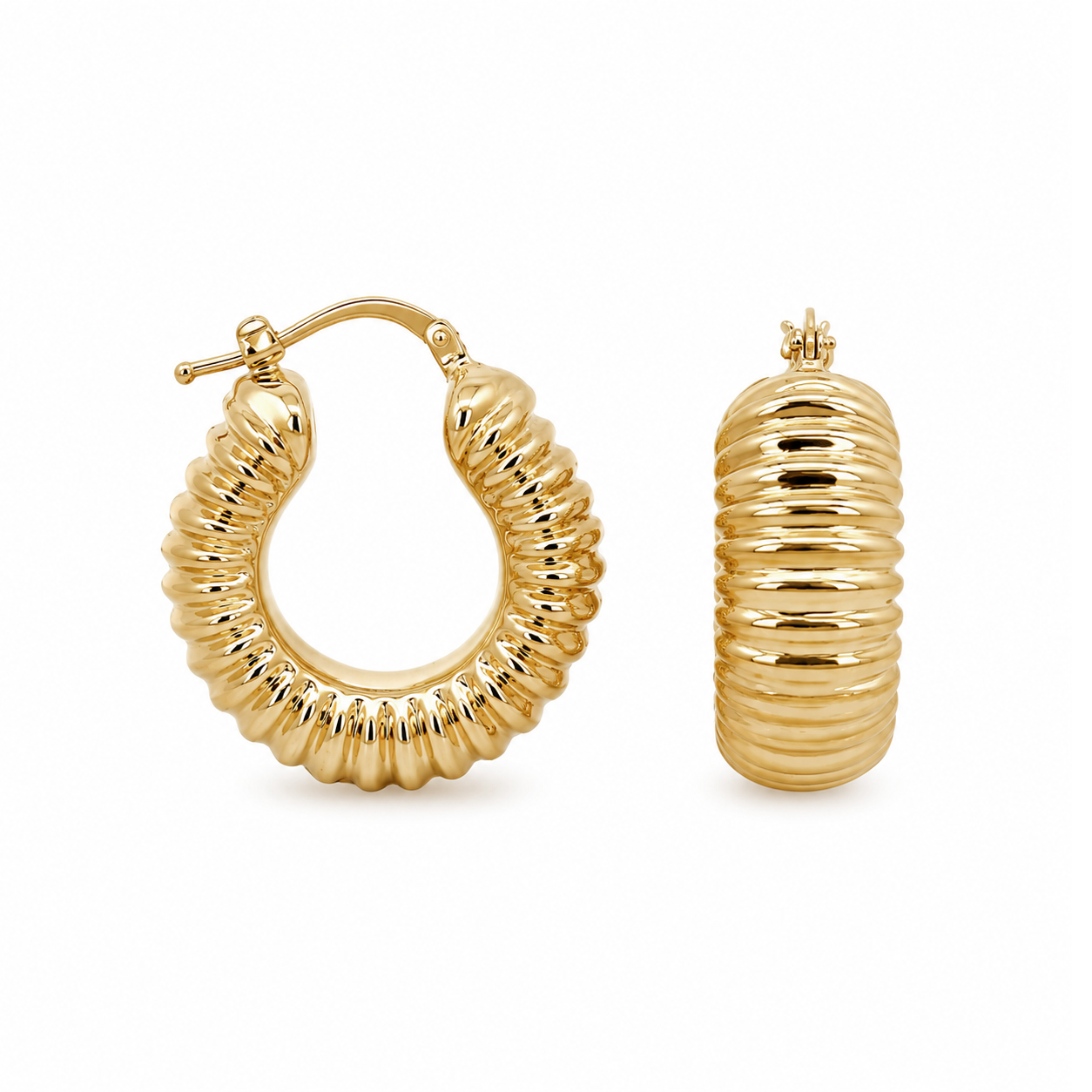 A pair of gold hoop earrings with a textured, ribbed design, shown from both front and side angles on a clean white background.