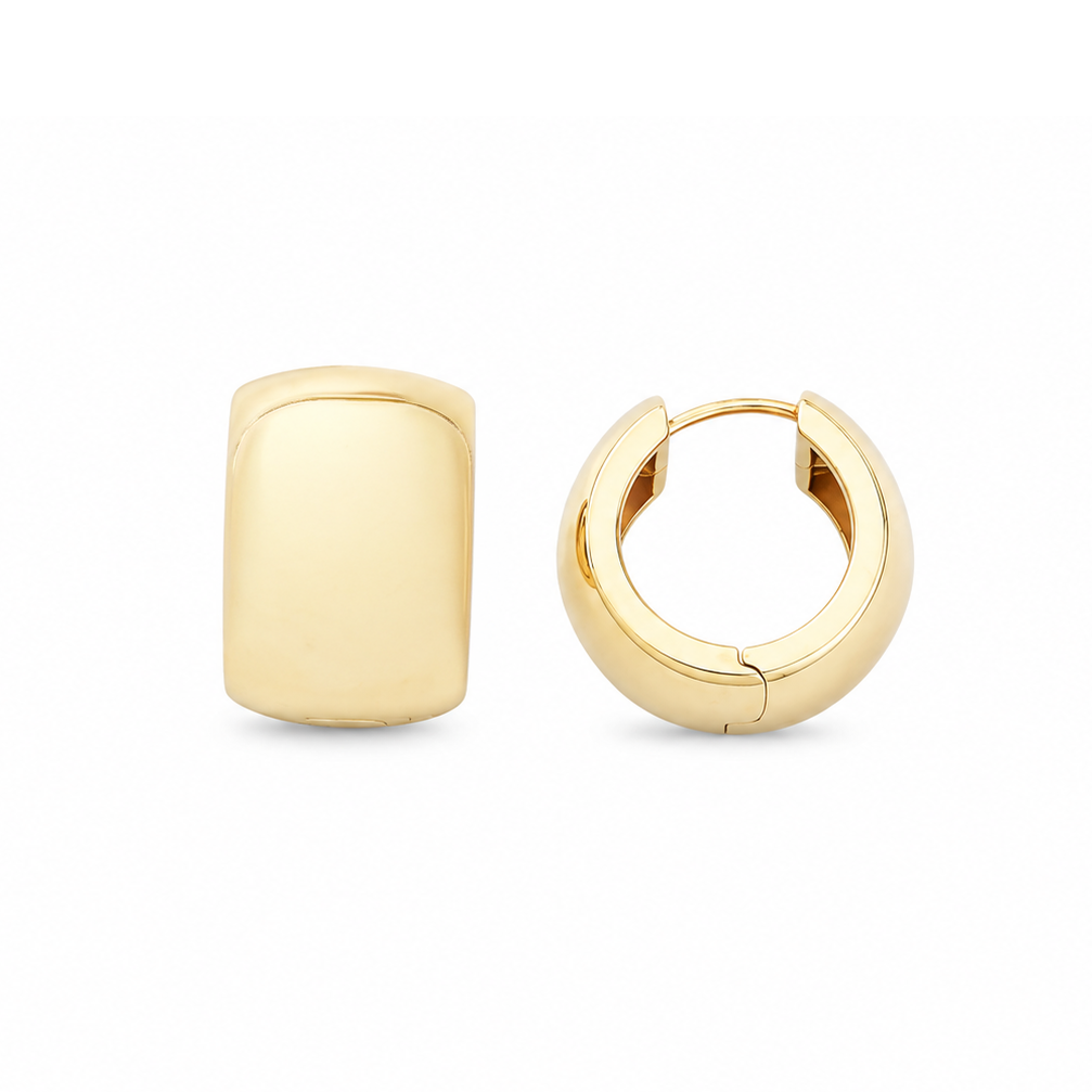 A pair of polished yellow gold huggie hoop earrings, one shown from a flat front view and the other from a side angle, on a clean white background.