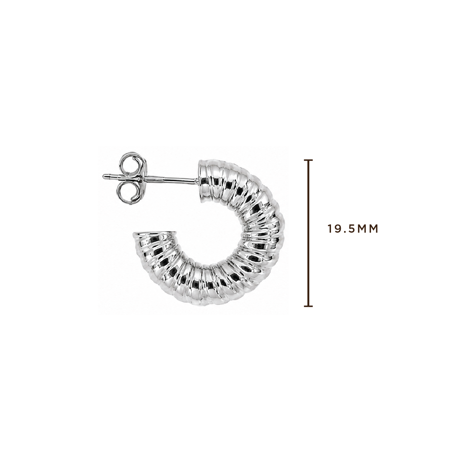 A silver textured crescent hoop earring with a post and butterfly back, shown on a white background with a vertical measurement marker indicating 19.5mm.