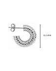 A silver textured crescent hoop earring with a post and butterfly back, shown on a white background with a vertical measurement marker indicating 19.5mm.
