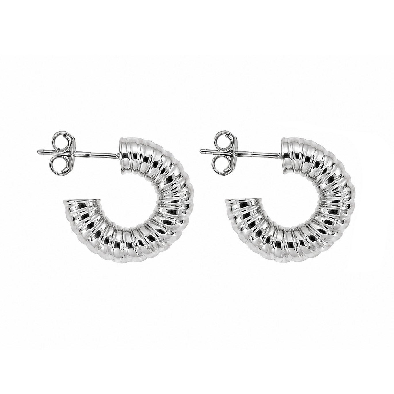 A pair of silver crescent-shaped hoop earrings with a textured, ribbed exterior and butterfly backings, shown on a plain white background.
