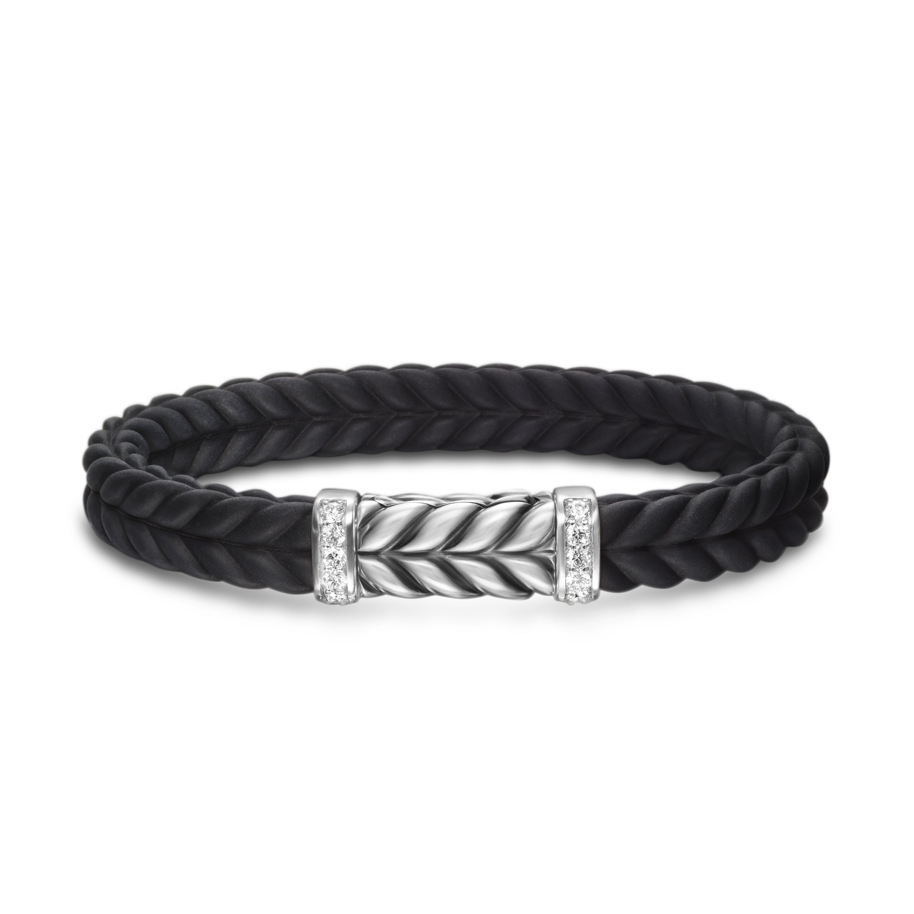 David Yurman Chevron Bracelet In Black Rubber With Diamonds And Sterling Silver, 9mm