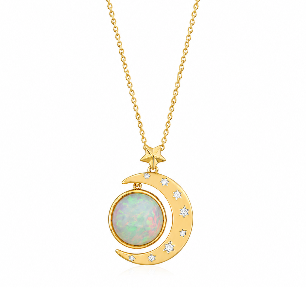 18k Yellow Gold Opal and Diamond Crescent Moon Pendant Necklace