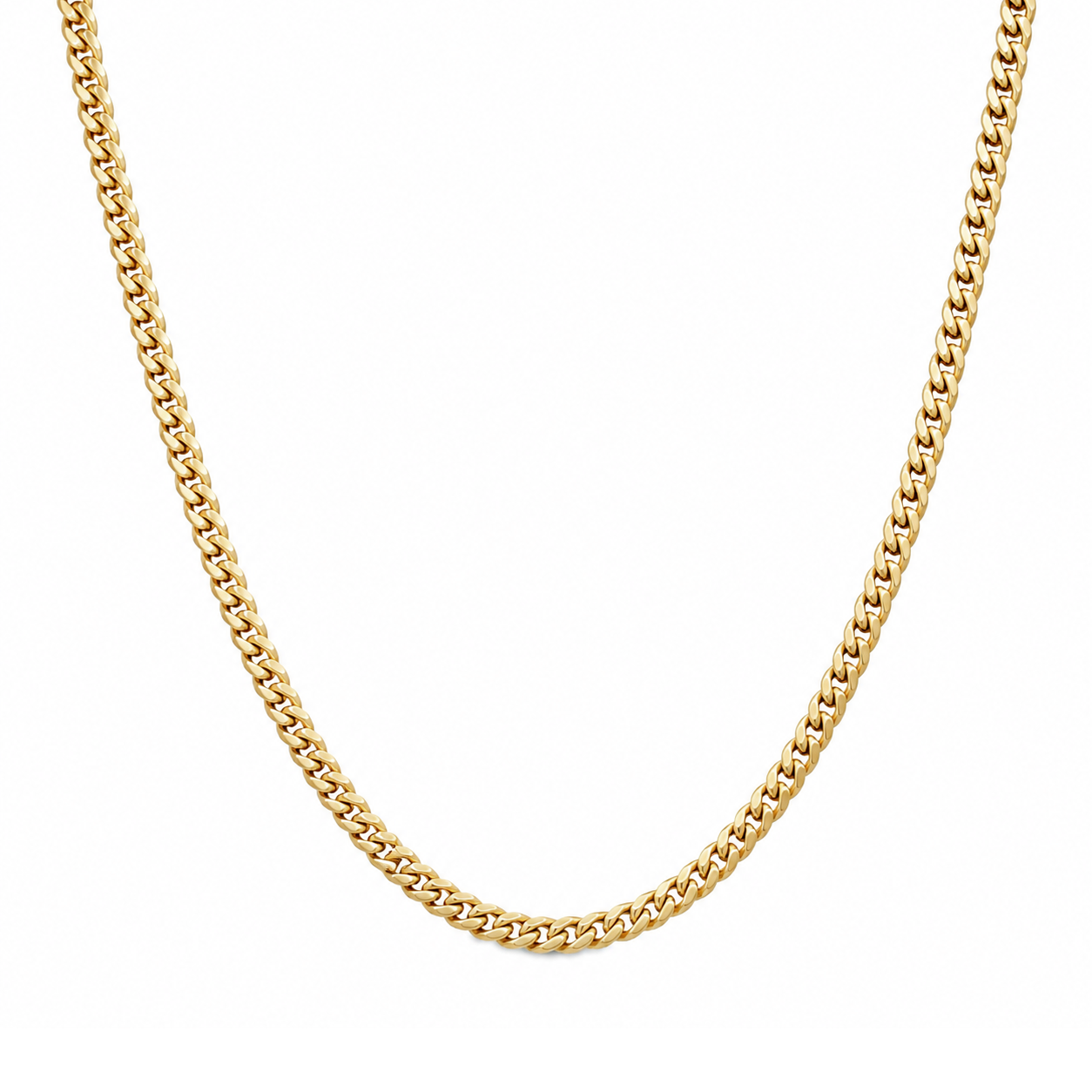 A gold Cuban link chain necklace shown against a plain white background.