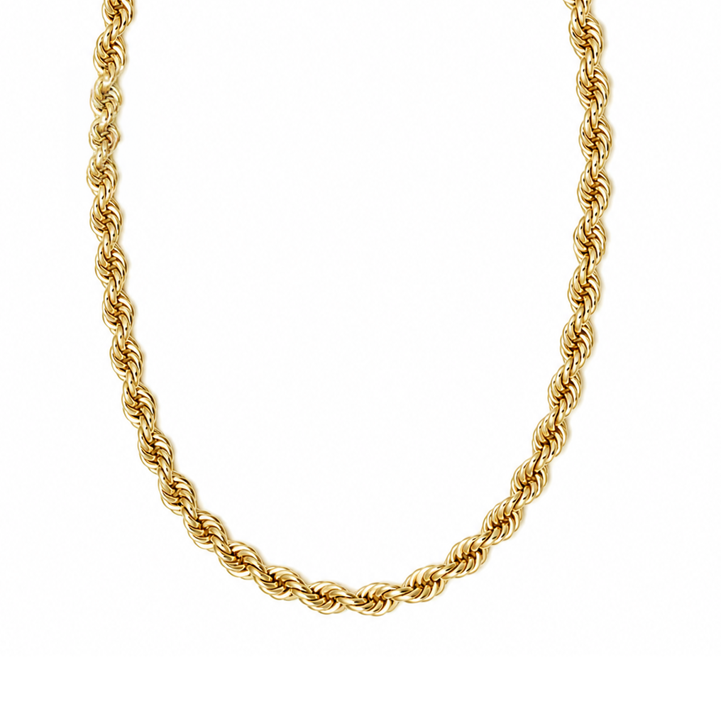 A yellow gold rope chain necklace displayed in a U-shape against a solid white background.
