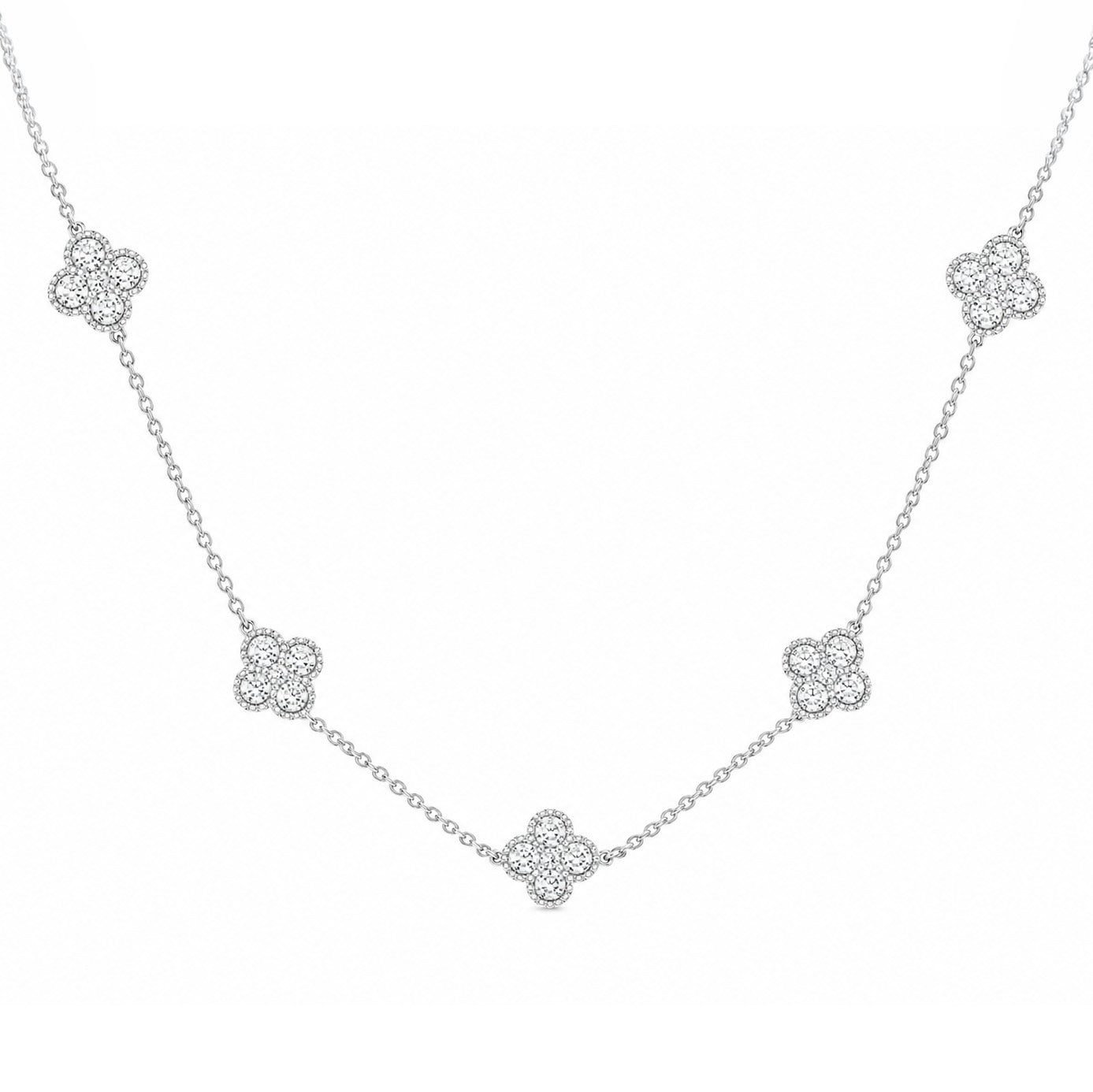 18k White Gold Diamond Clover Station Necklace