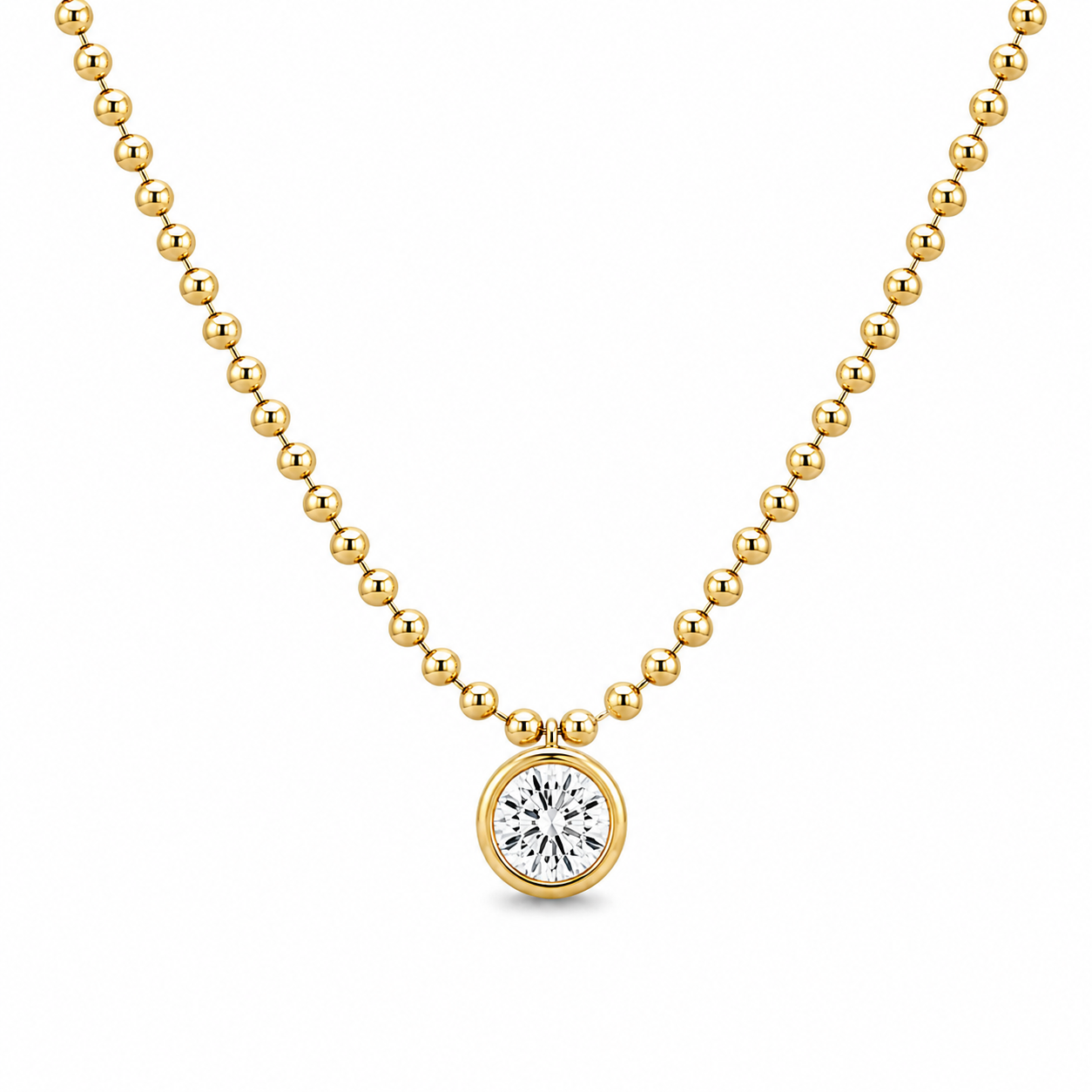 18k Yellow Gold Round Diamond Bezel Beaded Necklace