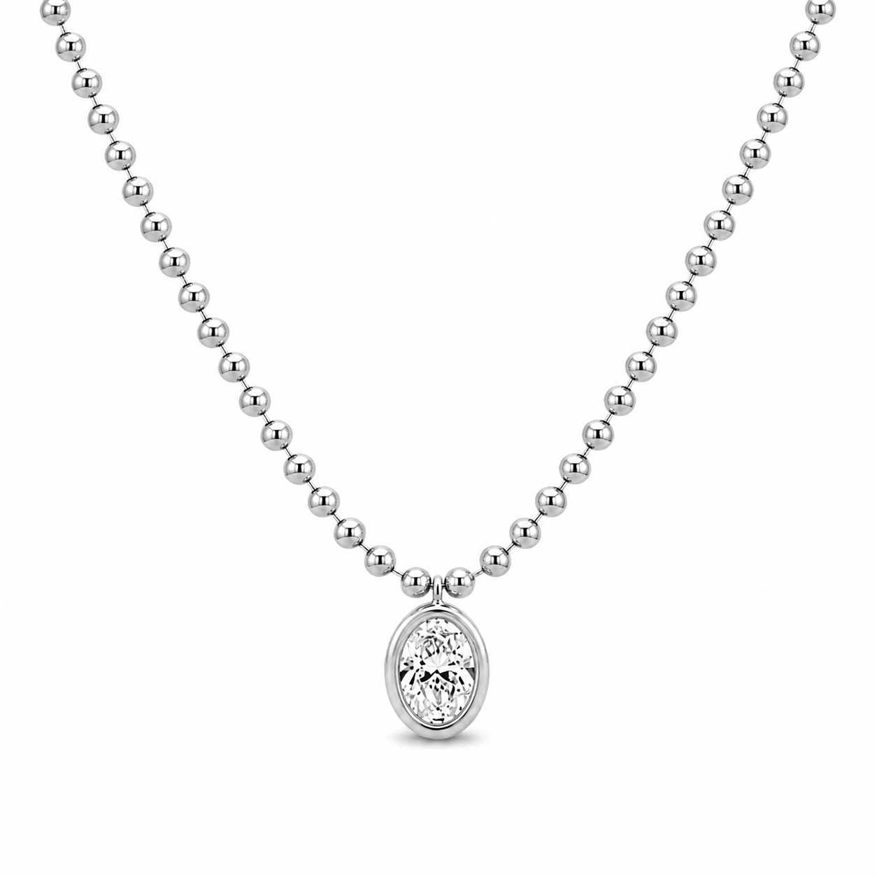 18k White Gold Oval Diamond Bezel Beaded Necklace