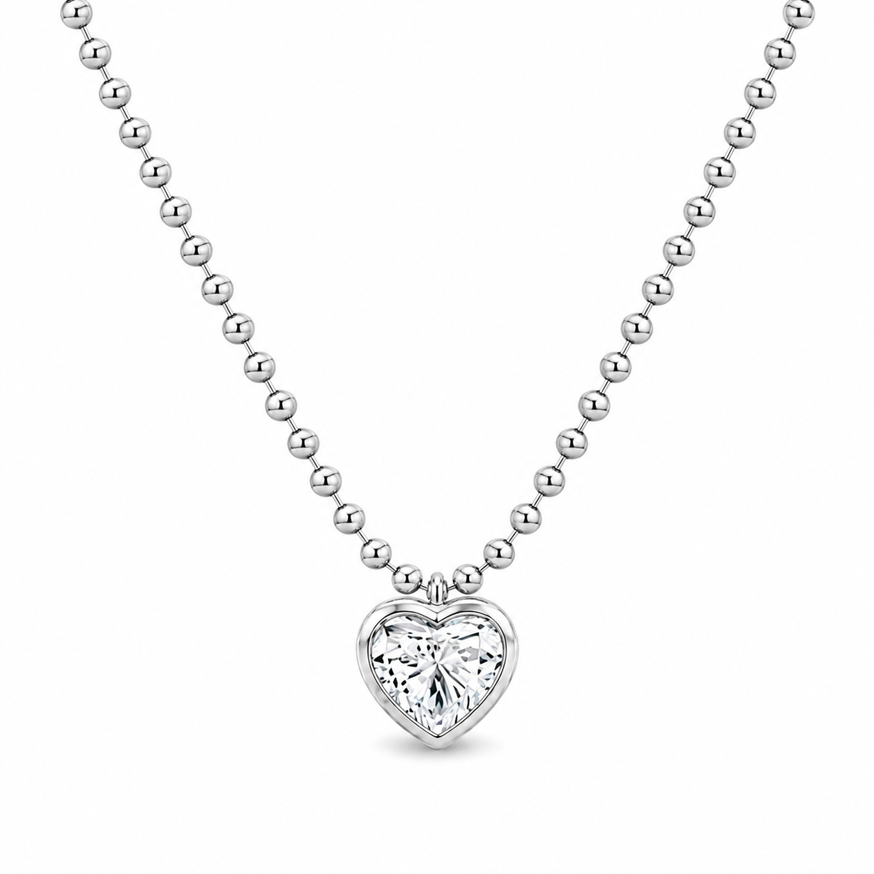 18k White Gold Heart-Shaped Diamond Bezel-Set Beaded Necklace