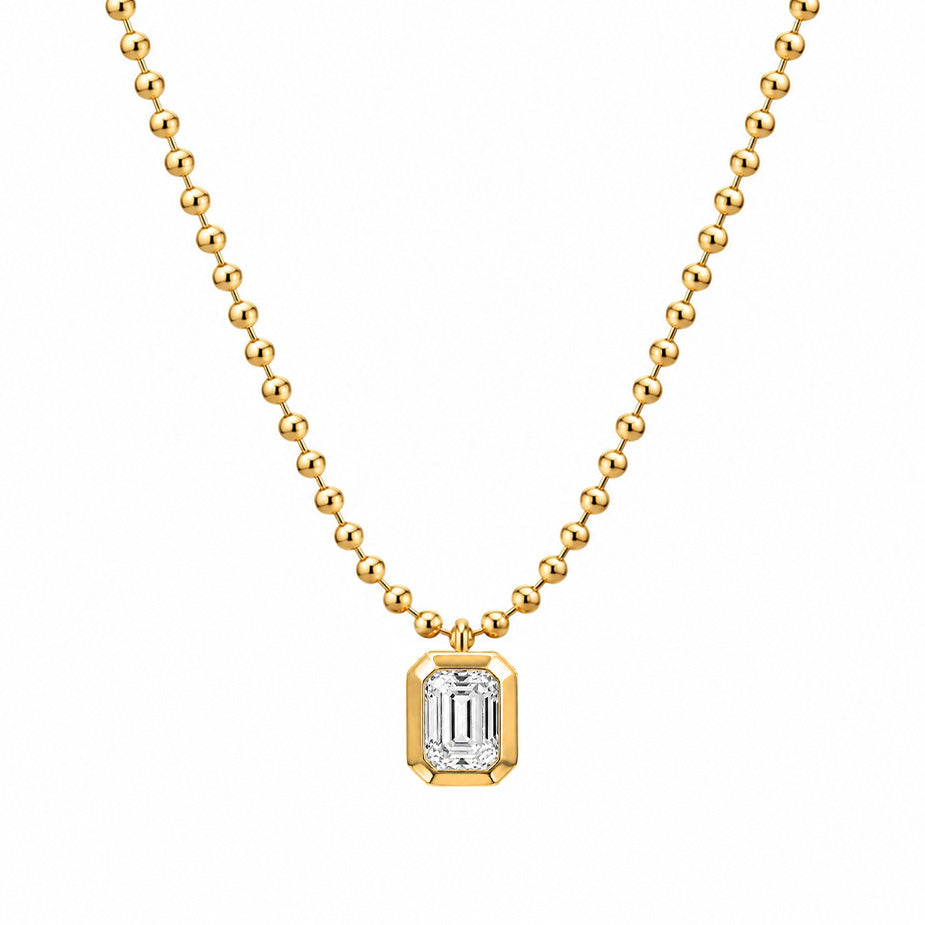 18k Yellow Gold Emerald Cut Diamond Bezel Beaded Necklace