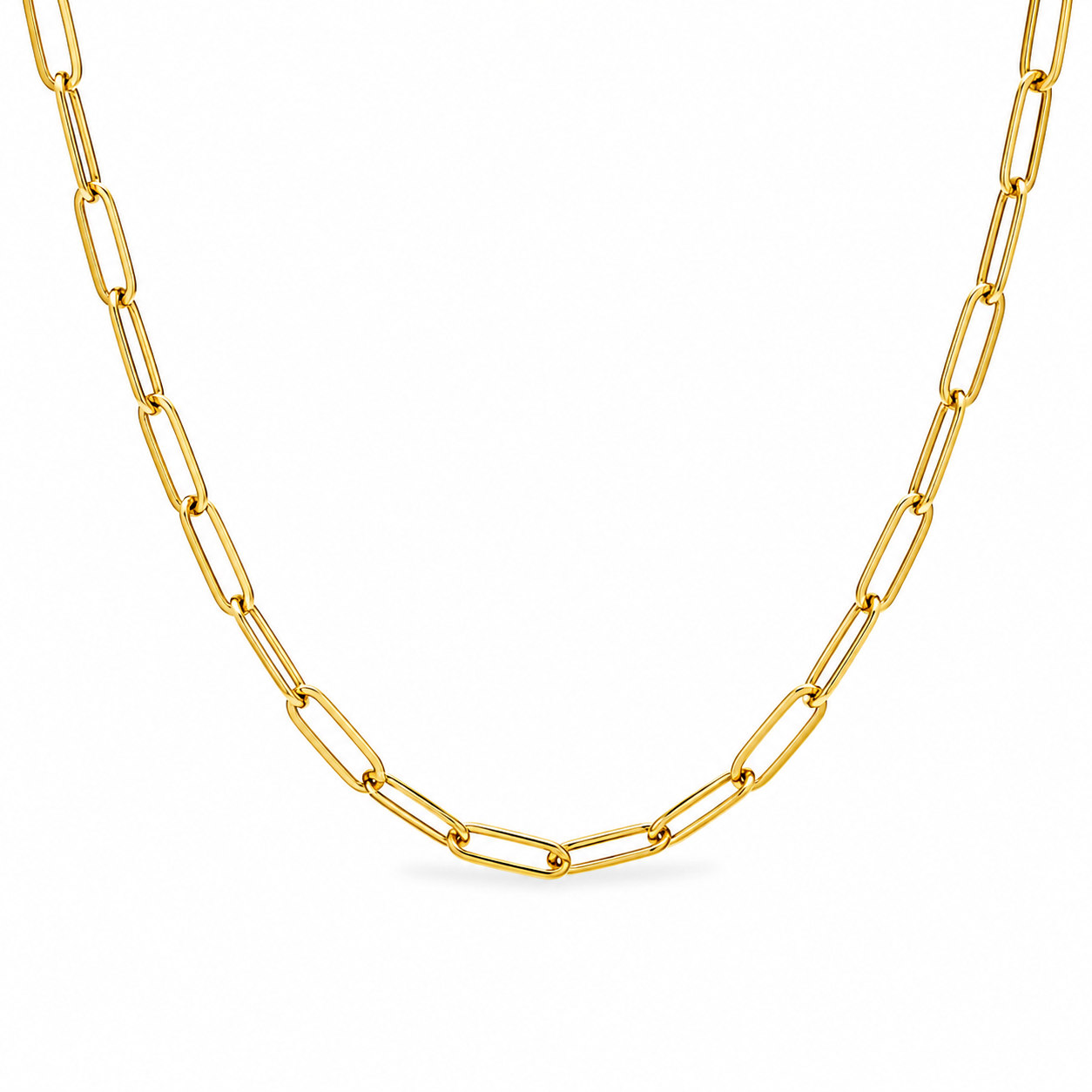 A gold paperclip chain necklace displayed in a curved shape against a clean white background.