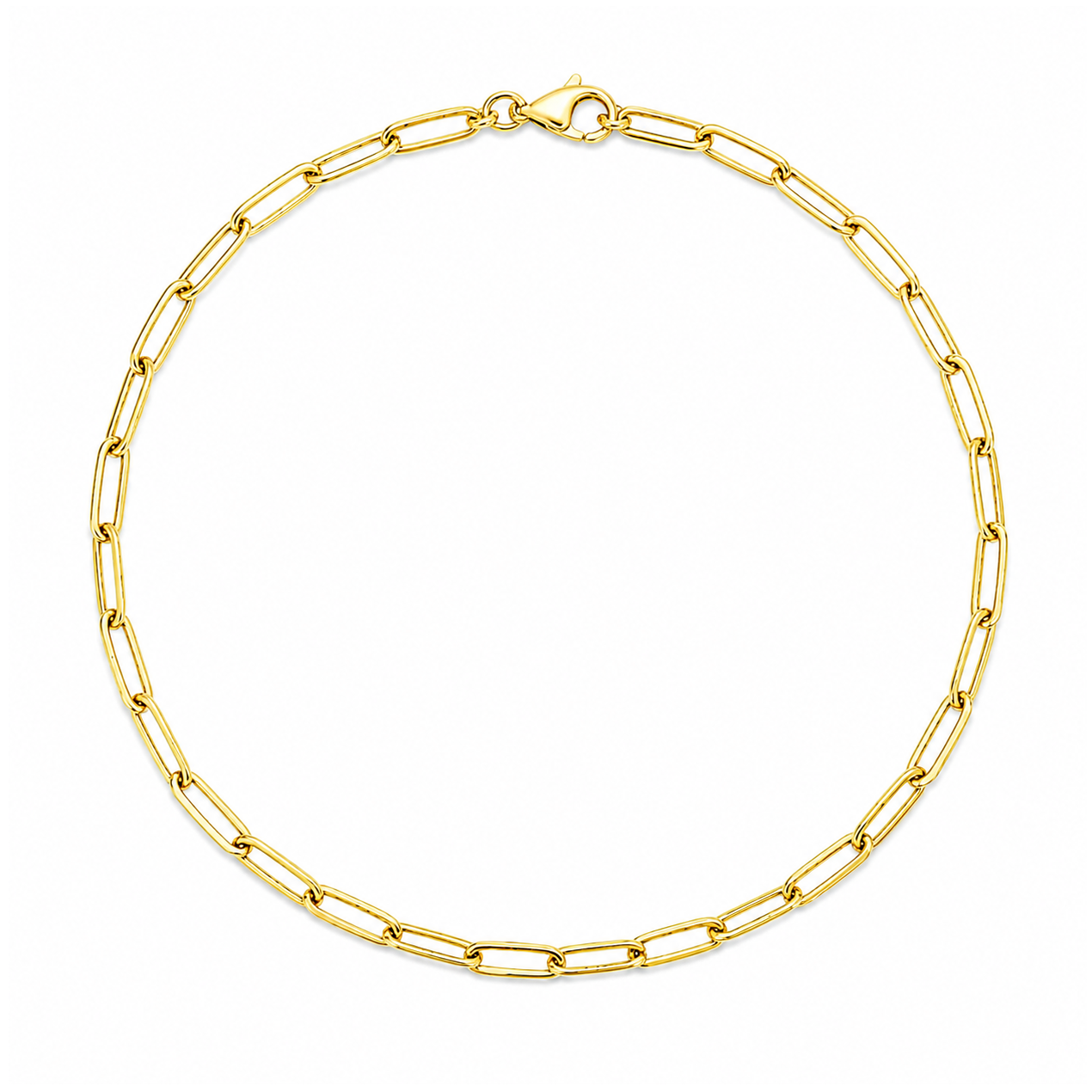 A gold paperclip chain necklace with a lobster clasp, displayed in a circular shape against a plain white background.