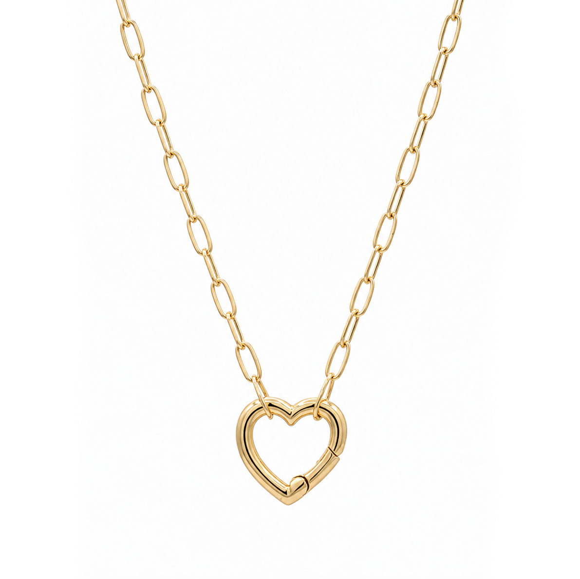 A gold paperclip chain necklace with a small open heart pendant, shown against a plain white background.