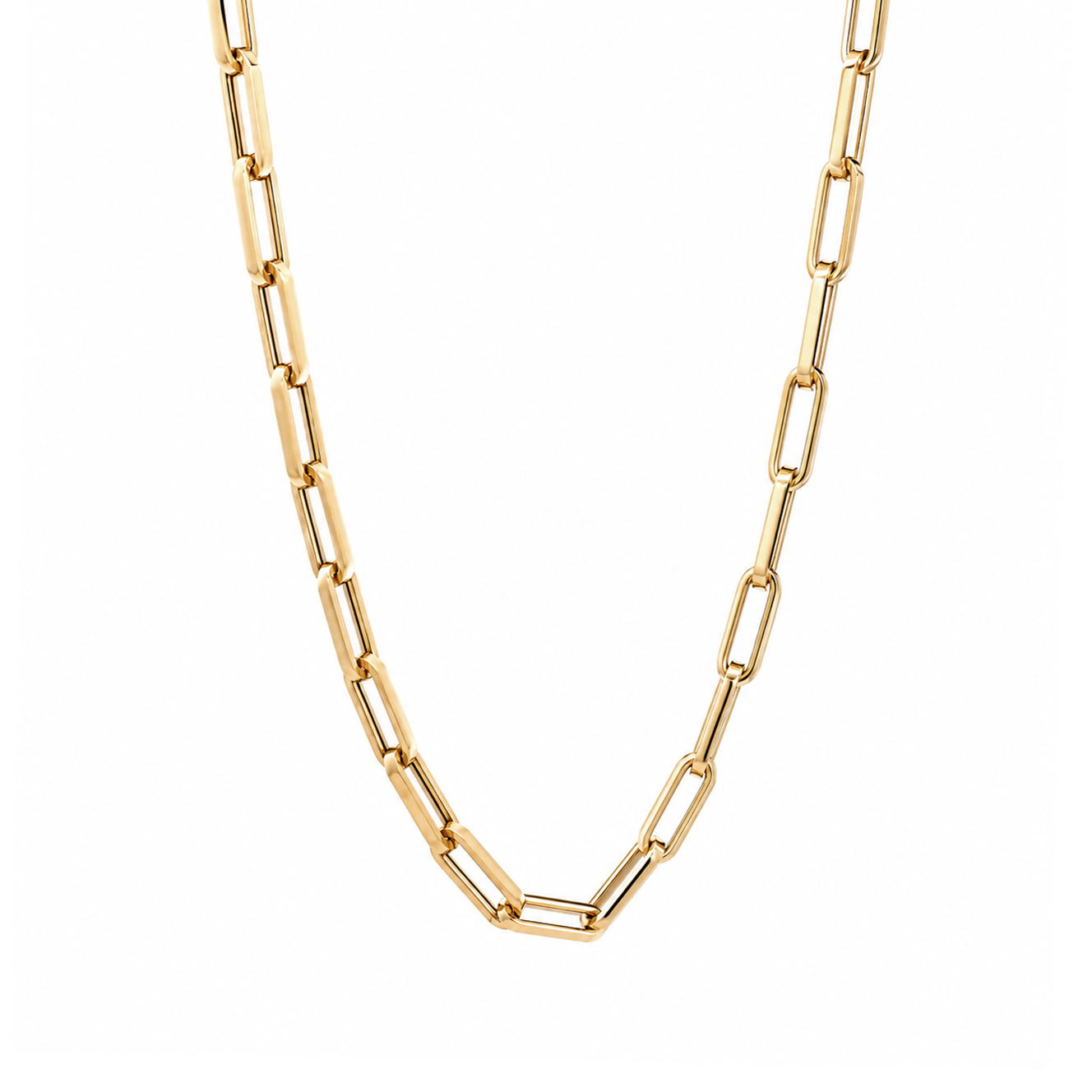 A gold paperclip chain necklace shown against a plain white background.