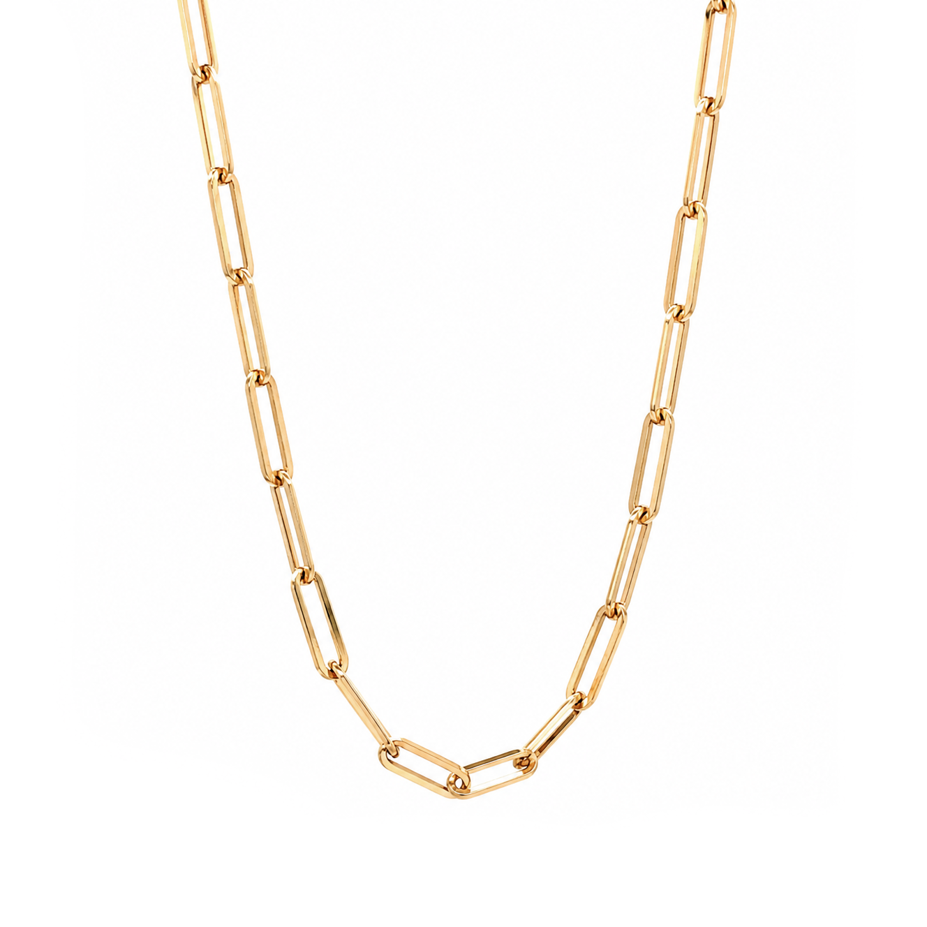 A gold paperclip chain necklace displayed against a solid white background.