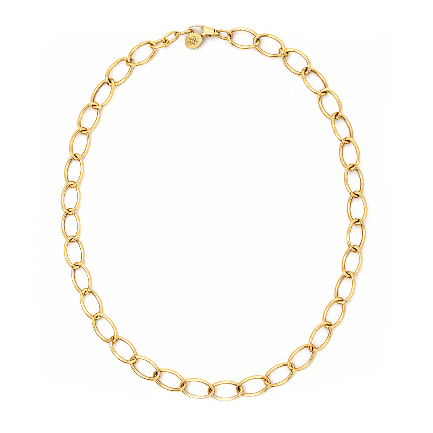A gold chain link necklace with large oval links on a white background.