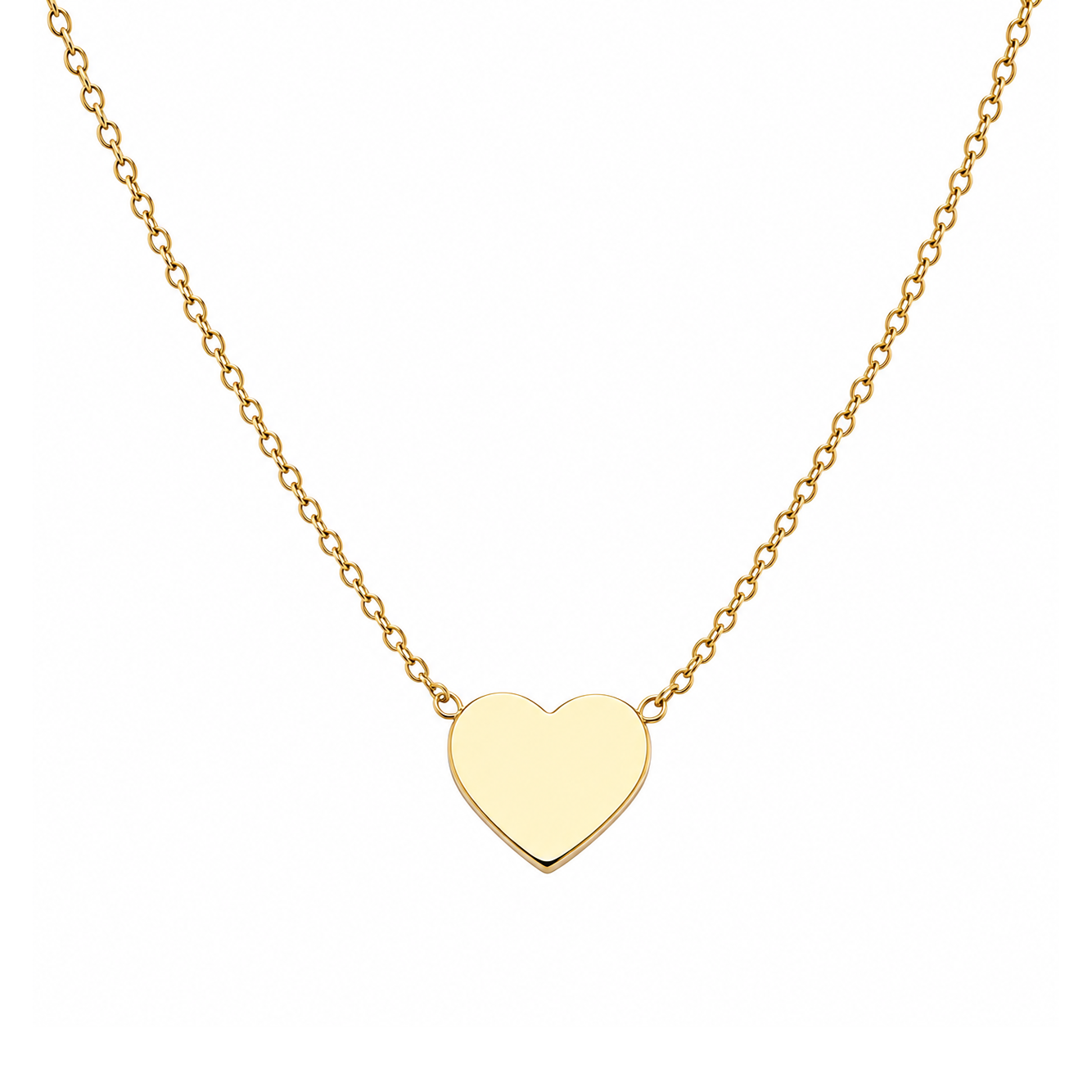 A delicate gold chain necklace featuring a small, polished heart-shaped pendant, presented on a clean white background.