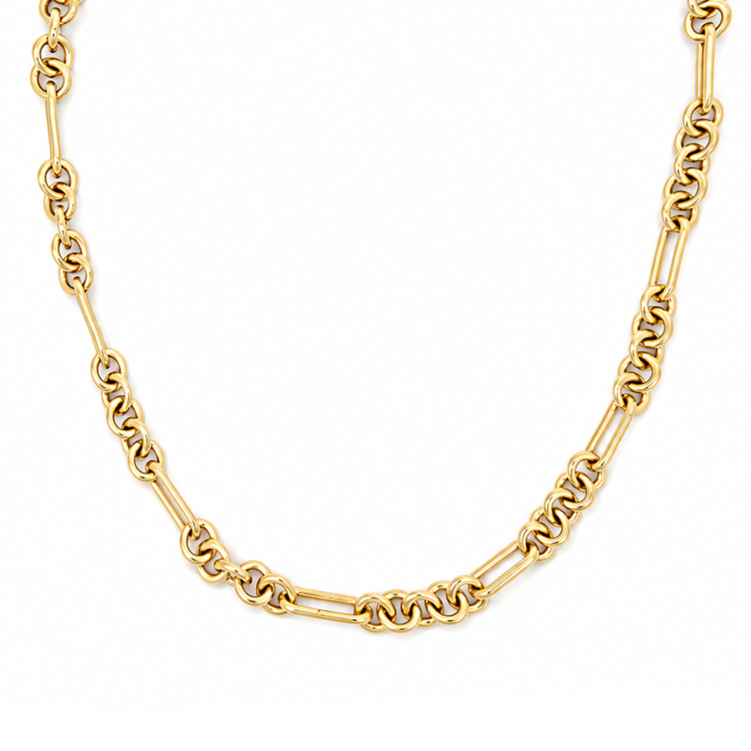 A yellow gold chain necklace featuring alternating elongated oval links and textured rope-style links, displayed on a clean white background.