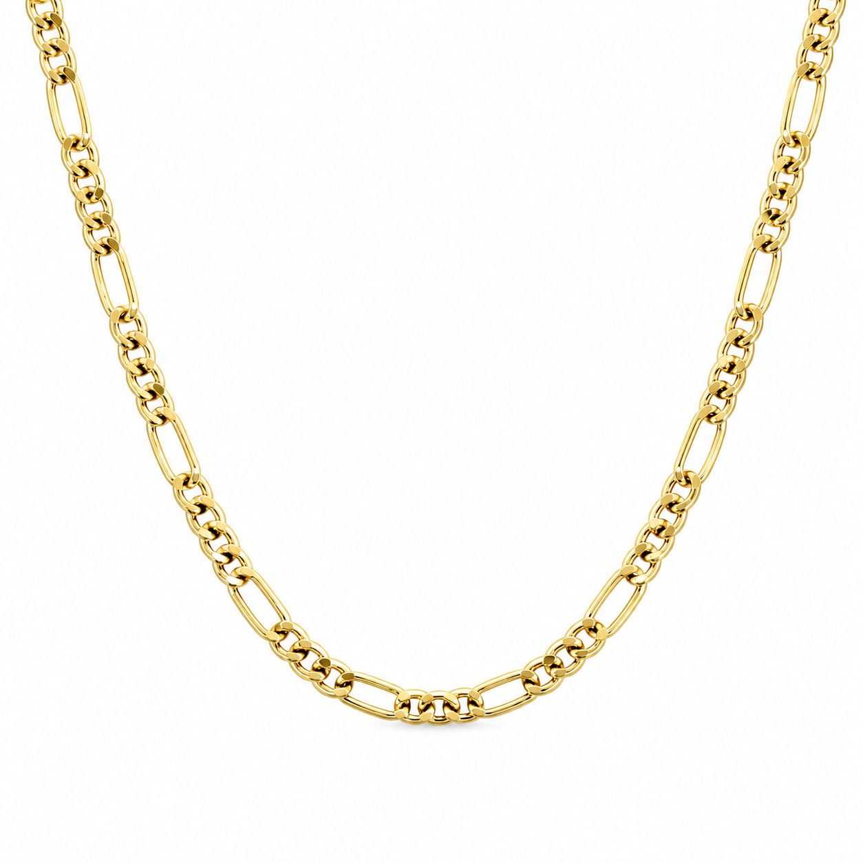 A polished yellow gold Figaro chain necklace displayed in a curved U-shape against a solid white background.
