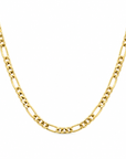 A polished yellow gold Figaro chain necklace displayed in a curved U-shape against a solid white background.