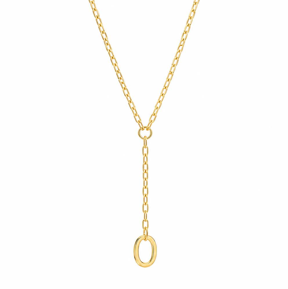 A gold Y-necklace featuring a delicate chain that splits into two strands, one ending in a small oval pendant and the other in a larger oval pendant, set against a plain white background.