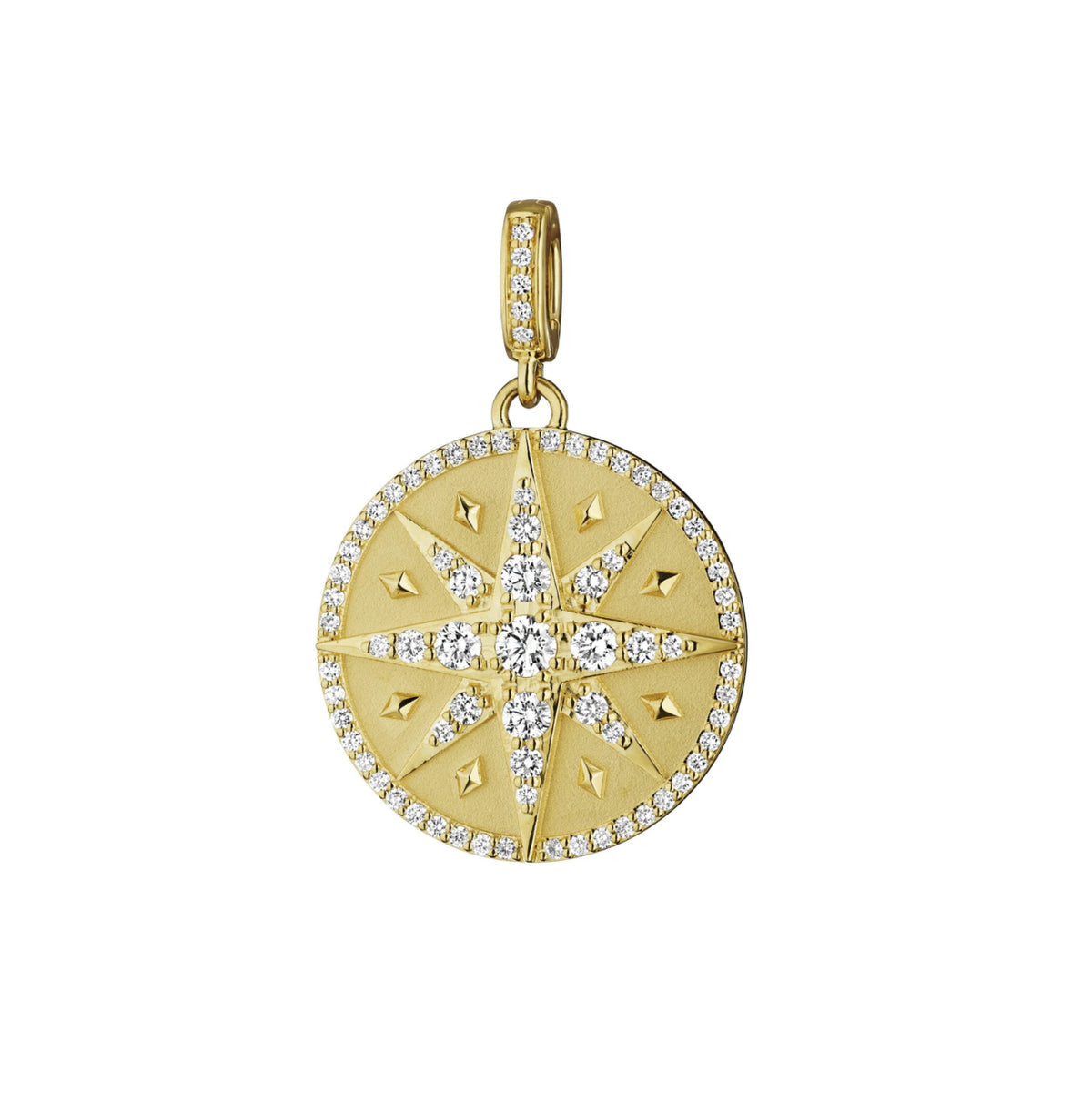This 18k yellow gold medallion from Penny Preville features round diamonds set in the shape of a star and around the border of the medallion. The diamonds total 0.80ctw and the medallion measures 21mm in diameter.