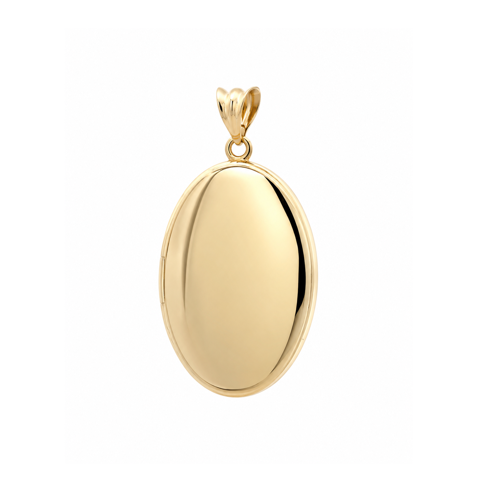 A polished oval locket pendant in yellow gold, shown against a solid white background.