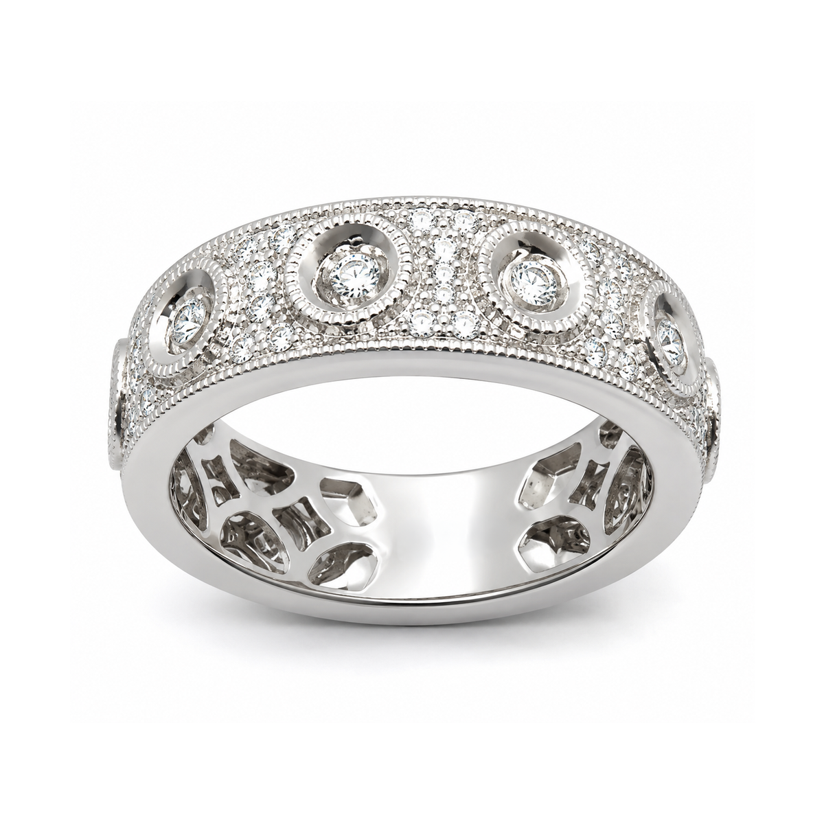 A silver-toned diamond eternity ring with a textured pavé band and circular diamond settings, shown on a clean white background.