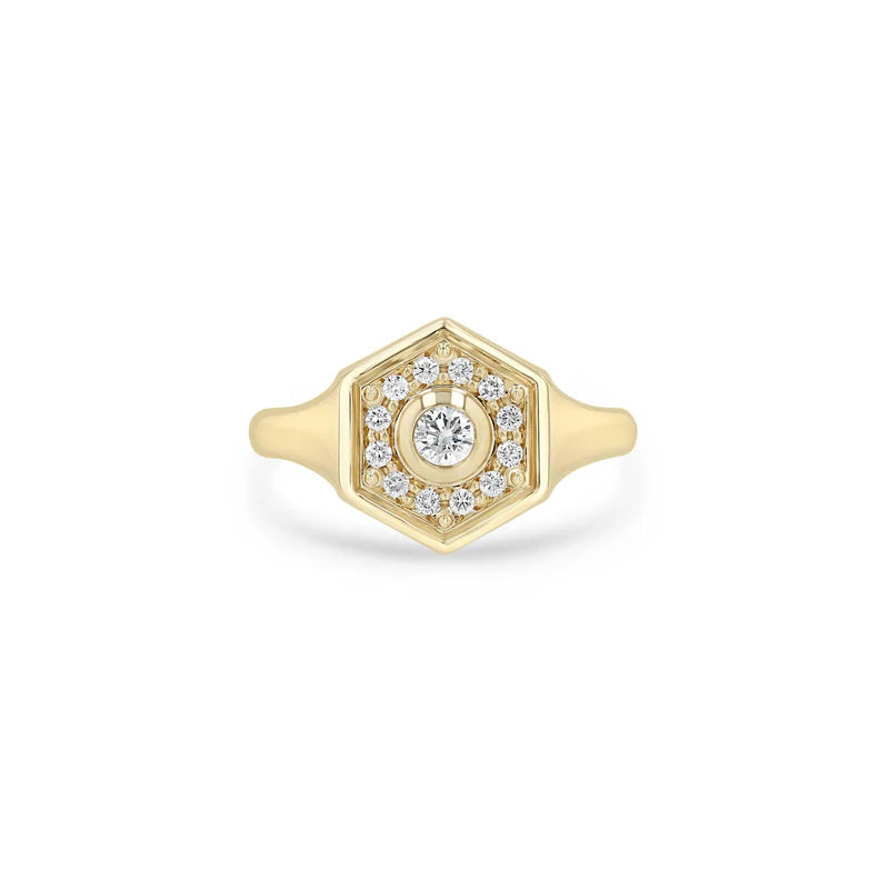 14k Yellow Gold Diamond Hexagon Signet Ring