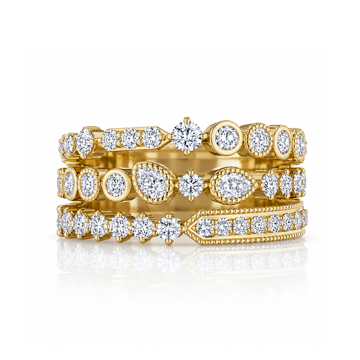 18k Yellow Gold 3 Row Mixed Shape Diamond Ring
