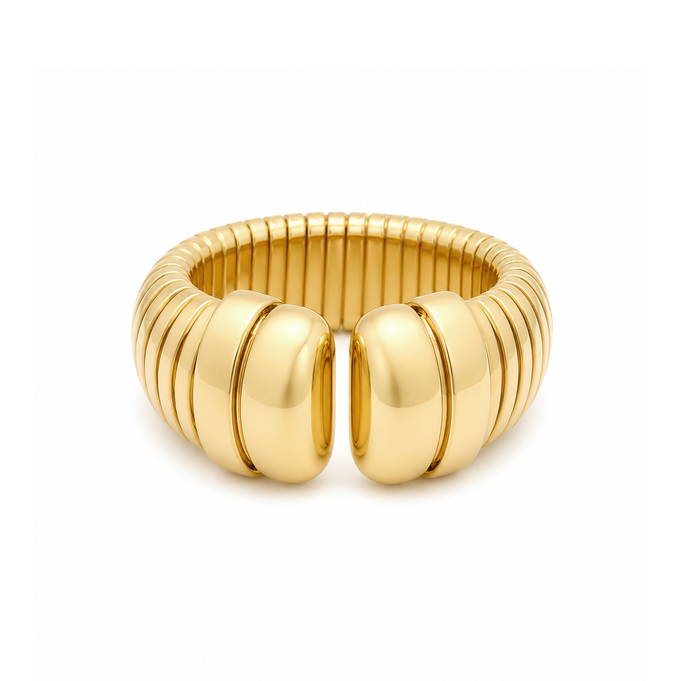 A wide, chunky gold ring with a ribbed segmented band and two large rounded front sections, photographed on a clean white background.
