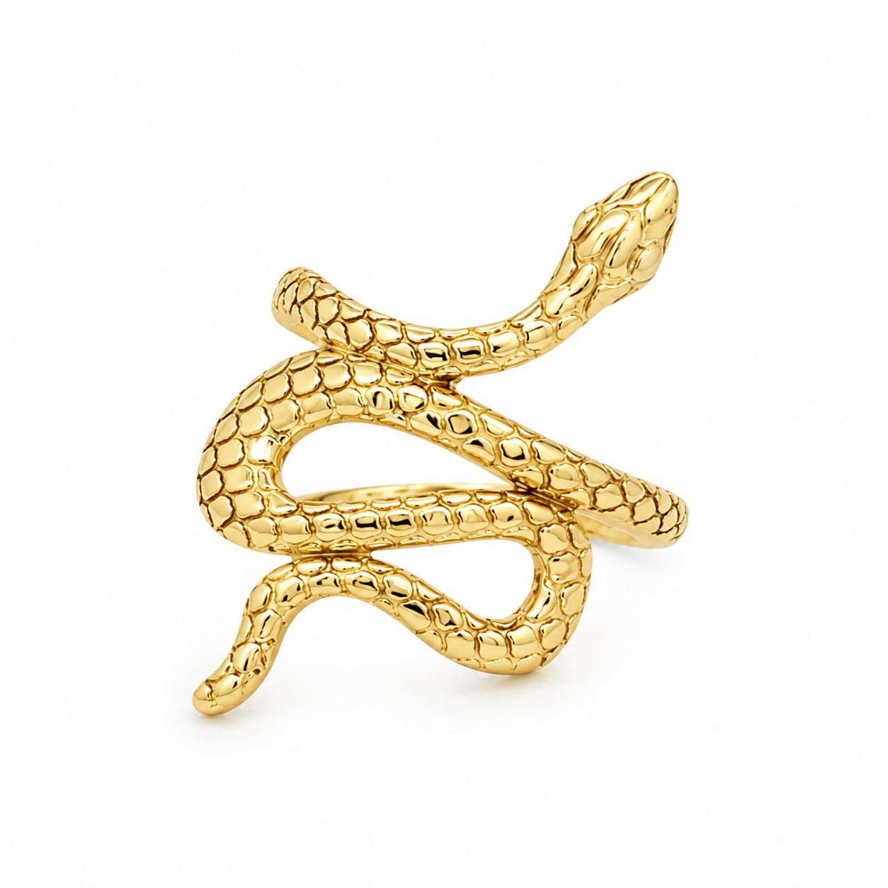A gold snake-shaped ring with detailed scales, shown on a plain white background.