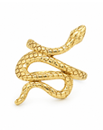 A gold snake-shaped ring with detailed scales, shown on a plain white background.