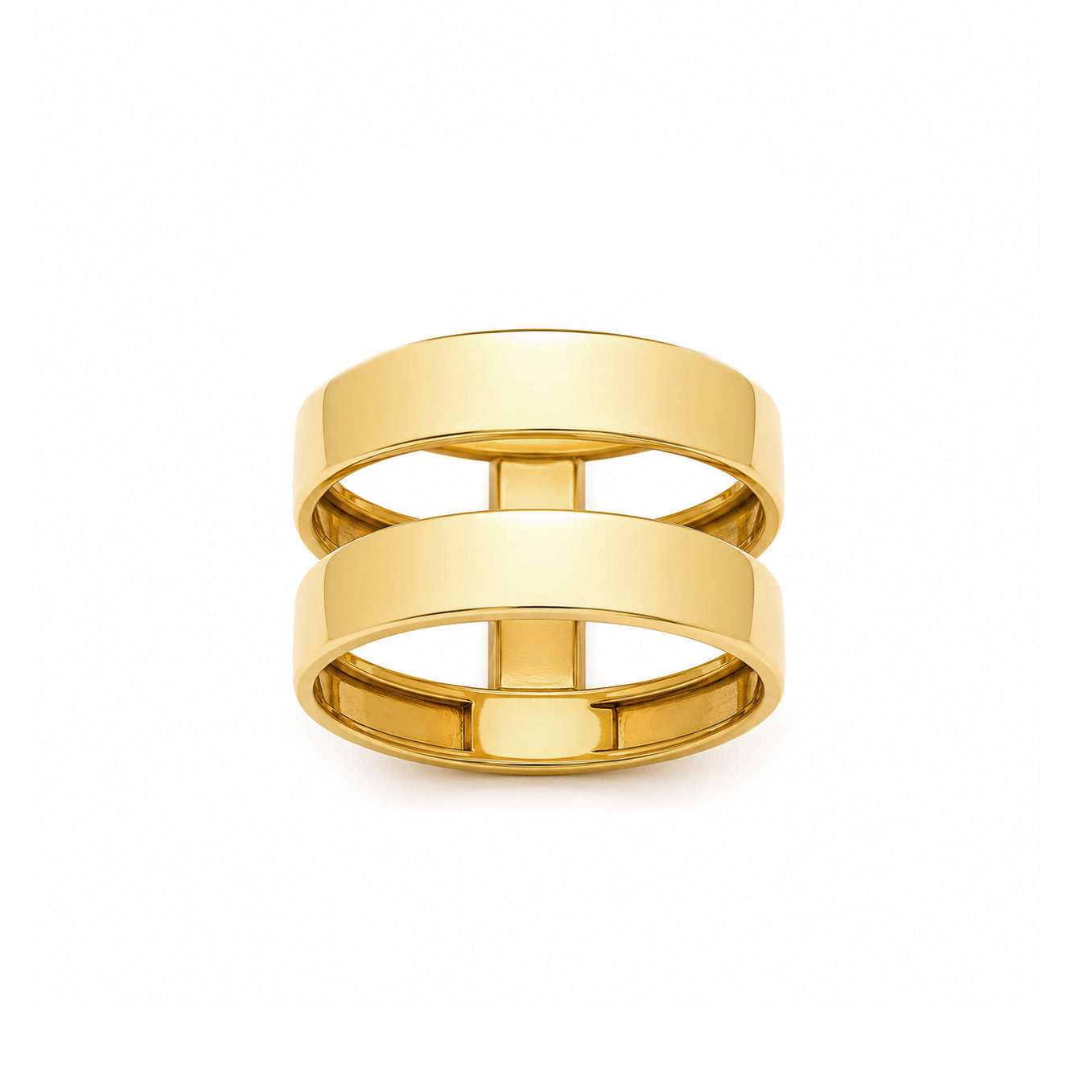 A pair of polished yellow gold rings stacked together on a clean white background.