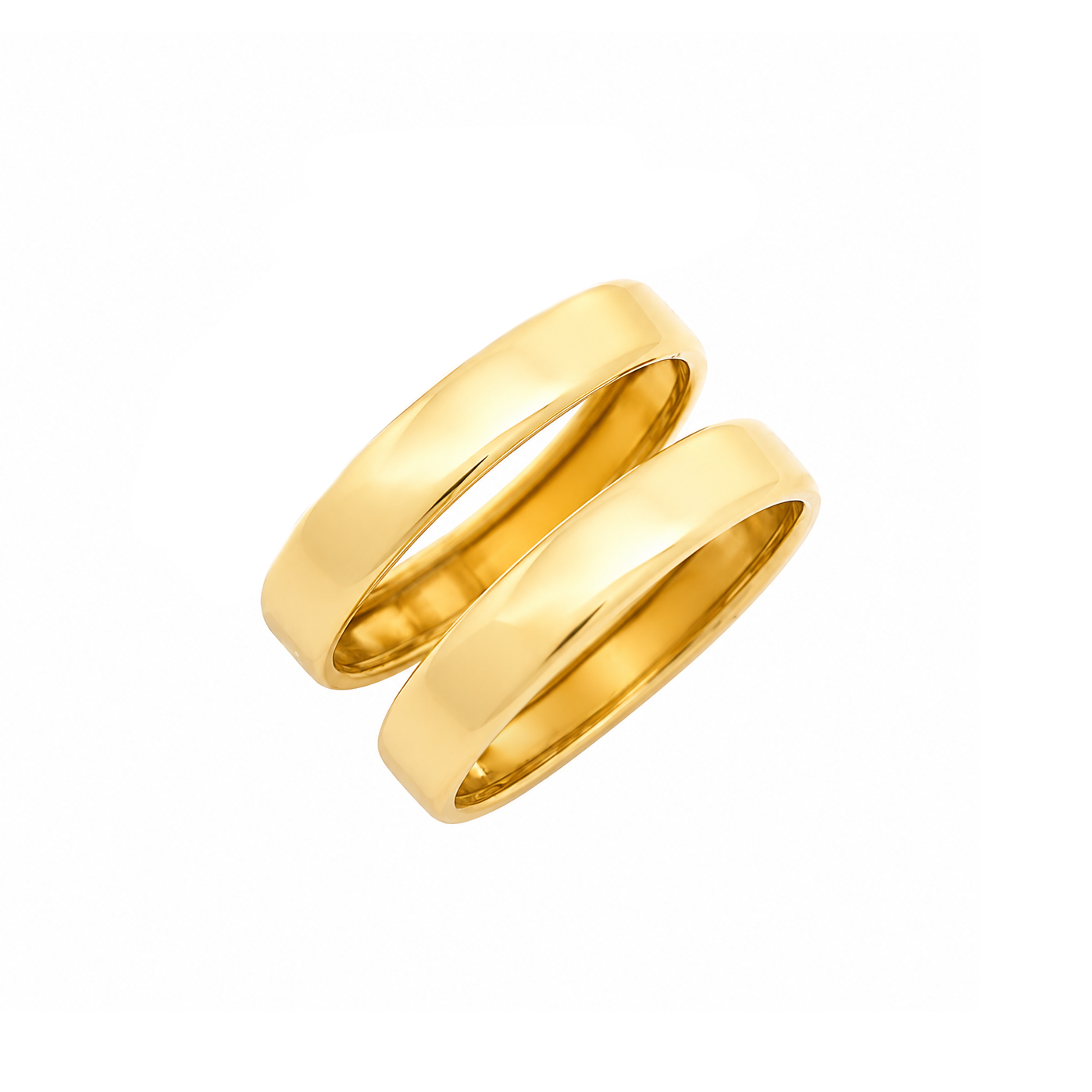 Two polished yellow gold bands, likely wedding rings, shown overlapping on a clean white background.