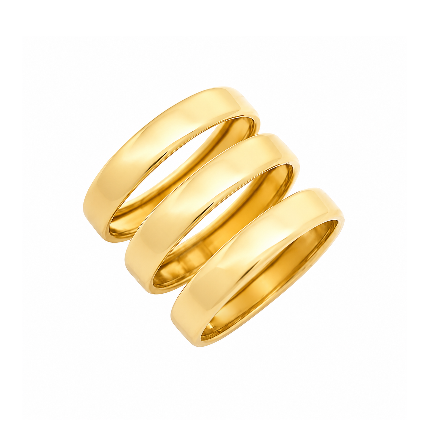 Three polished yellow gold bands arranged in a stacked, overlapping spiral design on a solid white background.