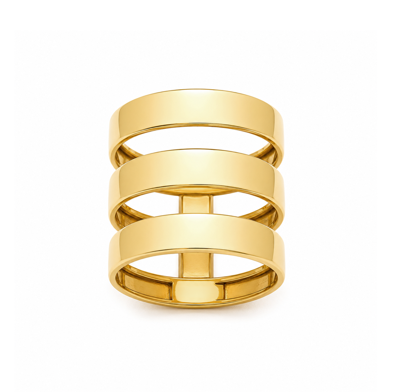 A three-band stacked gold ring with a polished finish, shown on a clean white background.
