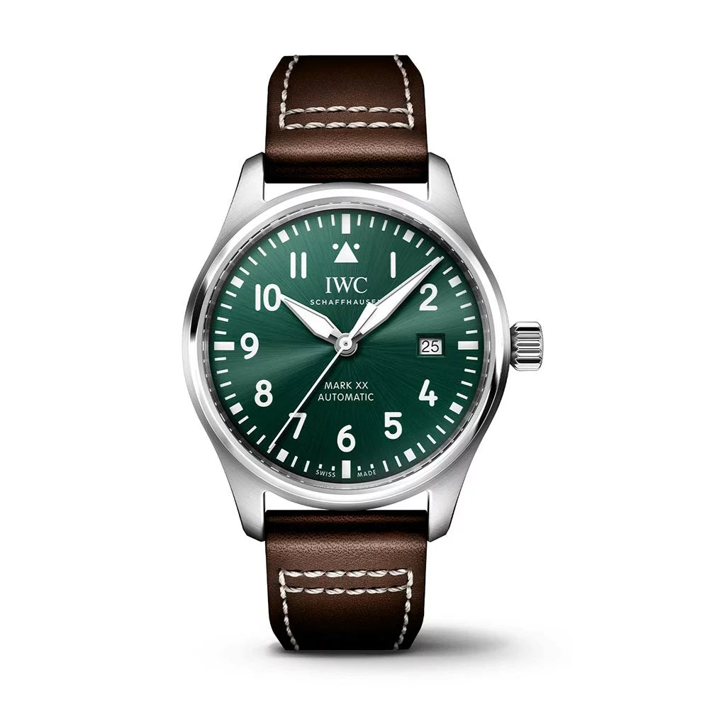 Stainless Steel Pilot&#39;s Watch Mark Xx 40mm Featuring A Green Dial With Smooth,bezel On Brown Calfski