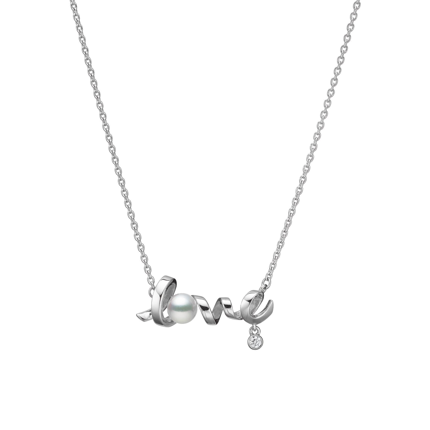 Mikimoto 18k White Gold Akoya Love Pendant Pearl And Diamond Necklace