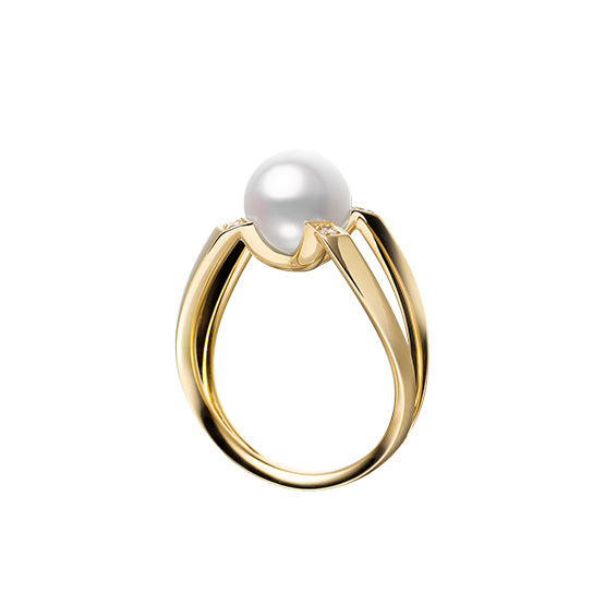 Mikimoto 18k Yellow Gold Akoya Pearl And Diamond Ring Split Shank Ring