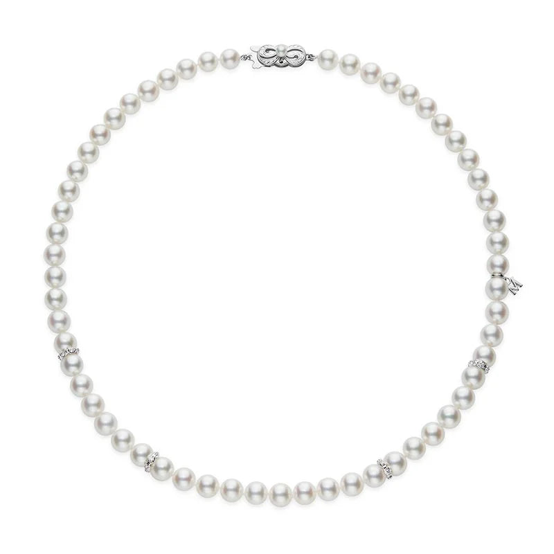 Mikimoto 18k White Gold Pearl Strand Necklace With Periodic Diamond Rondelles