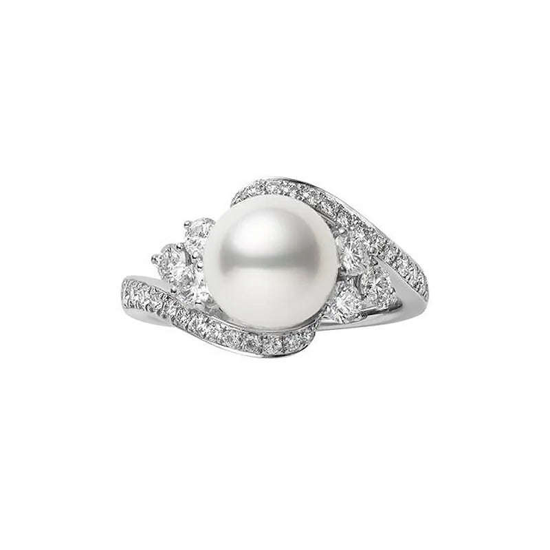 Mikimoto 18k White Gold Large Center Akoya Pearl And Diamond Pavé Ring